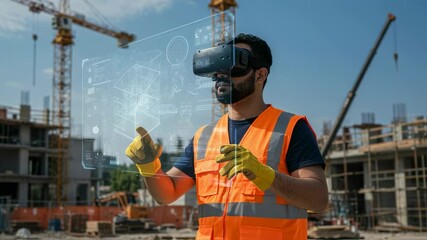 Male construction worker using vr headset and touching digital display. Future of construction digital technology with virtual reality visualization software concept. - Powered by Adobe