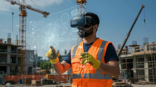 Male construction worker using vr headset and touching digital display. Future of construction digital technology with virtual reality visualization software concept.