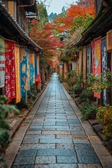 Fototapeta premium Wander through the charming streets of Kyoto adorned with vibrant autumn colors and traditional fabrics