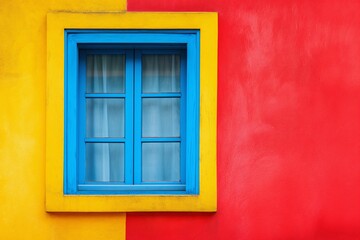 Vibrant blue window framed by striking yellow and red wall captures the essence of artistic urban architecture