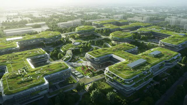 Futuristic green building with solar panels on roof. Sustainable architecture and innovative design video. Technology and construction concept motion footage.