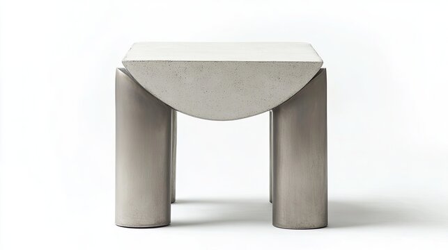 A stool with three rounded metal legs and a sculptural concrete top in light gray