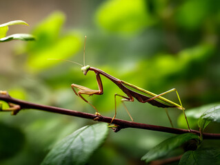 A Praying Mantis standing still on a thin branch, its sharp features in perfect focus. The background is a soft blur of surrounding green leaves.