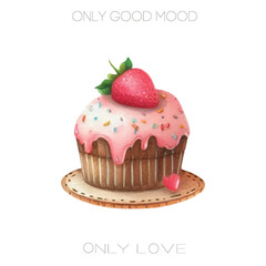 A cute watercolor vector cupcake topped with a fresh strawberry. Sweet pastel tones perfect for bakery designs, greeting cards, and cozy, charming illustrations.