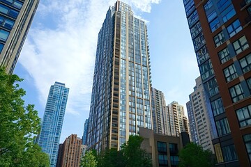 Modern skyscrapers reaching for the sky in a bustling city center