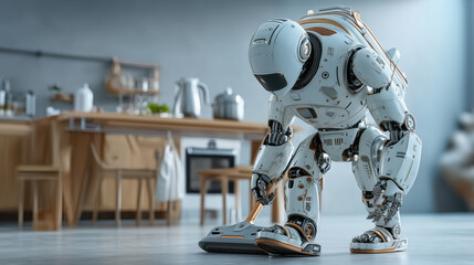 Robot vacuuming floor in modern kitchen during daytime with sunlight streaming through windows