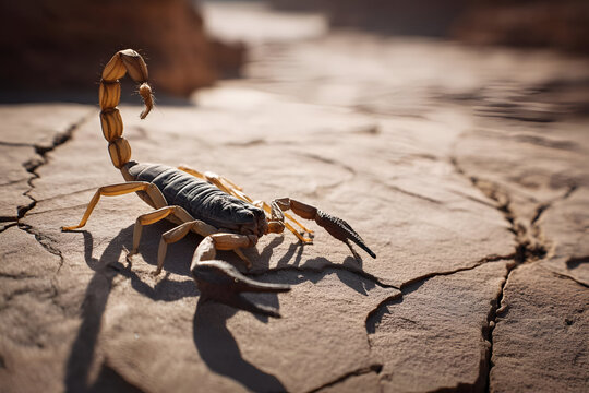 A scorpion standing tall on a cracked rock, its tail raised in warning. The surrounding desert floor is dry and rugged, with sharp shadows emphasizing the scorpions form.