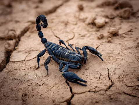 A scorpion walking along a dry creek bed, its pincers extended. The fine details of the dry earth and cracked riverbed are captured, with the scorpions body sharply defined.