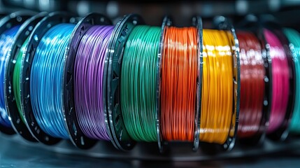 Obraz premium Row of colorful 3D printing filament PLA materials on environmentally-friendly spools, isolated.