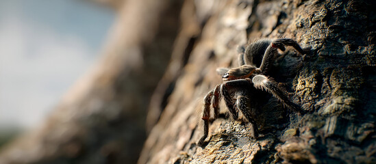 A Tarantula spider climbing up a tree trunk, its hairy legs gripping the rough surface. The camera focuses on the intricate details of its body and the texture of the bark.