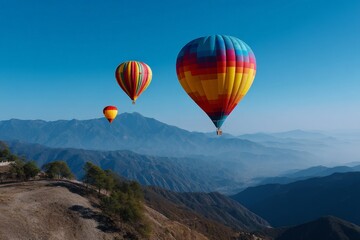 Obraz premium Colorful Hot Air Balloons Drifting Over Clear Sky and Mountain Range