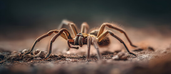 Fototapeta premium A Tarantula spider exploring its surroundings, its legs stretched out and claws gripping the ground. The background is a soft blur of brown and green tones, emphasizing the spider.