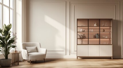 Elegant living room, armchair, display cabinet, sunlight, minimalist interior, home decor