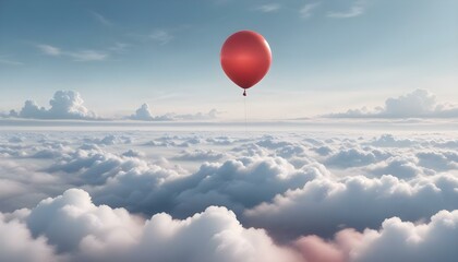 Fototapeta premium A vibrant red balloon soaring high above a dreamy, cloud-filled, open blue sky.