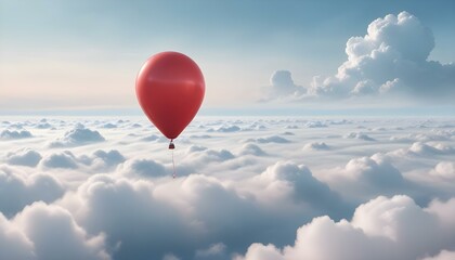 A lone red balloon gracefully floats above a dreamy sea of soft, puffy white clouds in the sky.