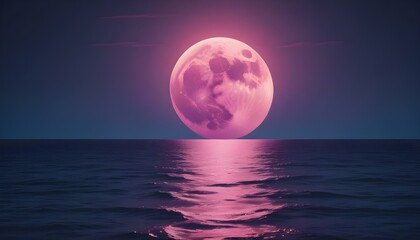 Stunning view of a large pink moon reflecting beautifully in the ocean water at night.