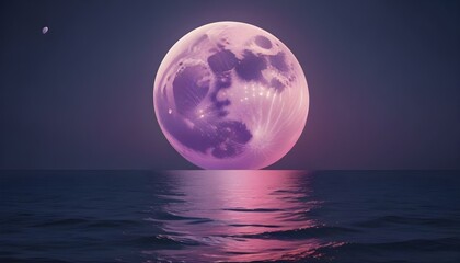A luminous pink moon serenely graces the vast ocean under a dark, mystical night sky.