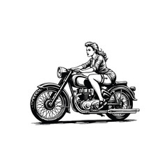 Vintage Pin-Up Girl on Motorcycle &ndash; Engraving Style Illustration, drawn in an engraved, woodcut style with fine details sketch engraving vector illustration. Scratch board imitation. Black and white 