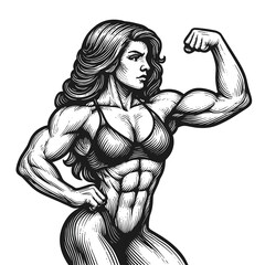 Strong Female Bodybuilder Flexing Muscles – Vintage Engraving Style, drawn in an engraved, woodcut style with fine details sketch engraving vector illustration. Scratch board imitation. 