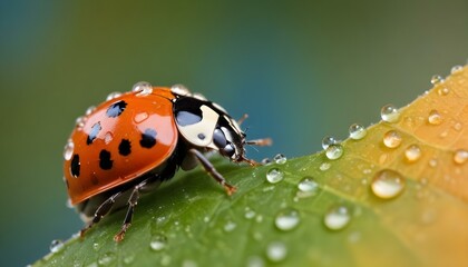 Fototapeta premium A detailed macro shot of a ladybug covered with droplets on a leaf, showcasing natural beauty.