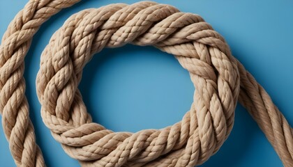 Obraz premium A detailed shot of a thick braided rope forming a circular shape against a solid blue backdrop.