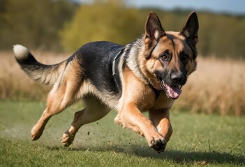 german sheperd running in the countryside, dog plying outdoors in the meadwon, doggy outside, happy hairy friend 