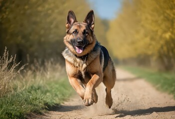 german sheperd running in the countryside, dog plying outdoors in the meadwon, doggy outside, happy hairy friend 