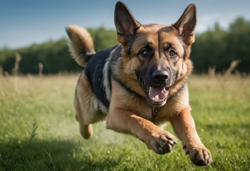 german sheperd running in the countryside, dog plying outdoors in the meadwon, doggy outside, happy hairy friend 