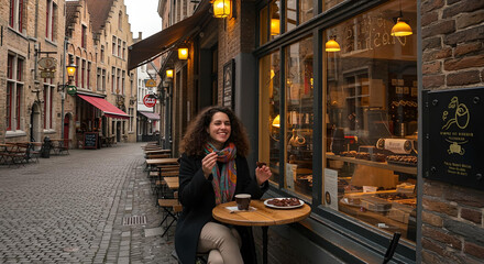 Fototapeta premium Tourist Enjoying Chocolate in a Cozy Café