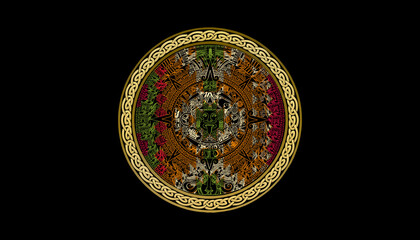 aztec shield fabric design with golden frame
