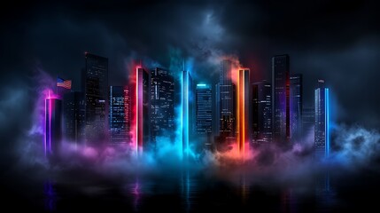 Obraz premium A futuristic city skyline glows with vibrant neon lights surrounded by mysterious fog