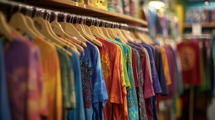Colorful tie-dye shirts on display in a shop