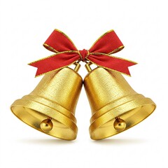 Two golden Christmas bells with a red bow isolated on a white background. Holiday, decoration, ornament, winter
