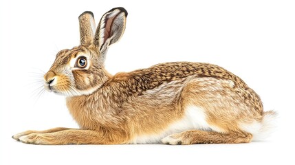 Fototapeta premium Side view of a European brown hare (Lepus europaeus), isolated on a white background.