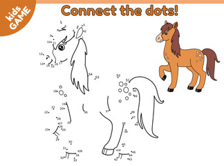 Dot to dot kids game with farm horse. Connect the dots by numbers, draw a cartoon farm animal and color it. Educational puzzle for preschool and school children. Vector baby illustration.