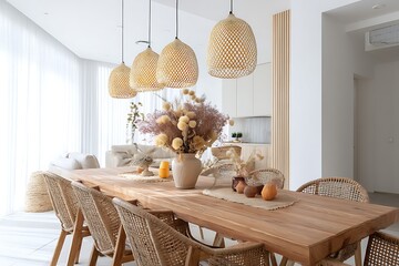 Bohemian Chic Dining Room: Woven Lights and Natural Decor