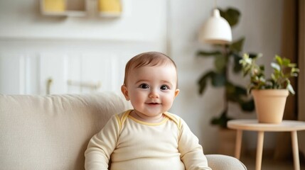 Naklejka premium Happy baby sitting on armchair, home interior