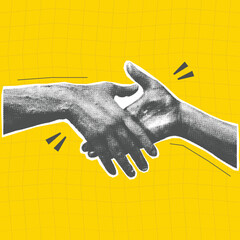 Halftone Pop art handshake on yellow backdrop, vector design. Close-up of a handshake background with elements