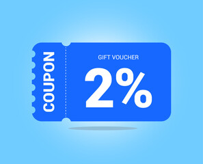 2% coupon promotion sale. Two percent Vector Gift Voucher. Blue discount, lucky ticket, special offer promo. Web, shopping label, percent sign. Special price offers.