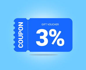 3% coupon promotion sale. Three percent Vector Gift Voucher. Blue discount, lucky ticket, special offer promo. Web, shopping label, percent sign. Special price offers.