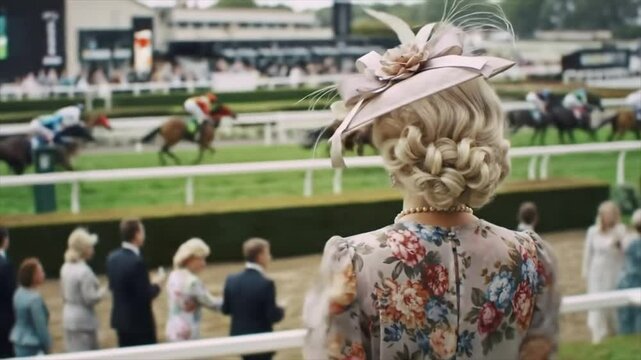 Attendees at a horse racing event showcase their elegant attire while cheering for their favorite horses. The atmosphere is filled with excitement and anticipation as races unfold on the track
