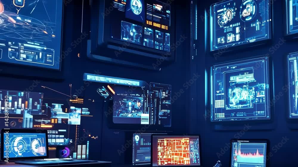 Poster futuristic control room monitoring with advanced digital interfaces and data visualization