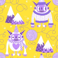 Winter monsters seamless Christmas yeti pattern for wrapping paper and fabrics
