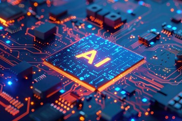 The picture of the neon mainboard and cpu made with semiconductor material, the semiconductor is the material that has electrical conductivity between that of the conductor and the insulator. AIG51.