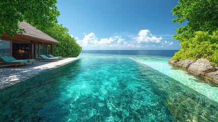 Tropical Villa View. Clear water pool merges with ocean. Trees and cloudy sky. Relaxing paradise house by sea on summer day.