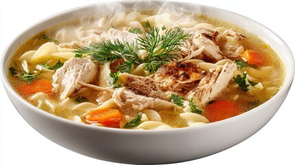a steaming bowl of fresh chicken noodle soup with tender chicken and noodles on a white isolated background, soothing and hearty design