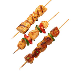 Set of chicken and pork satay isolated on white background png satay skewers png grilled meat skewers png barbecue sticks png Asian street food png transparent background image