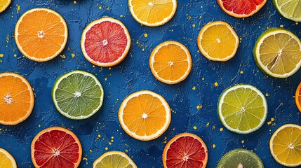 Summer citrus fruits on blue: A vibrant summer pattern made with citrus fruits arranged on a blue background.