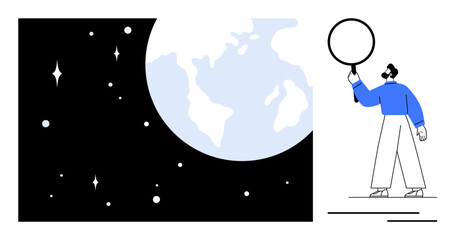 Naklejka premium Person holding magnifier near Earth surrounded by stars in a cosmic setting. Ideal for exploration, discovery, science, education, space research, futurism, simple landing page