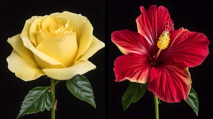 Stunning Yellow Rose and Red Hibiscus Flowers Closeup